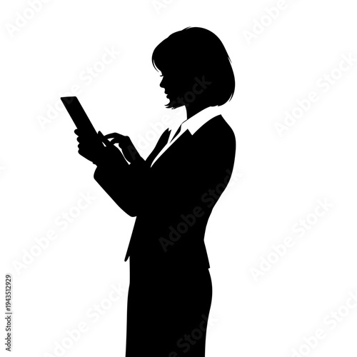 Silhouette of businesswoman using tablet.