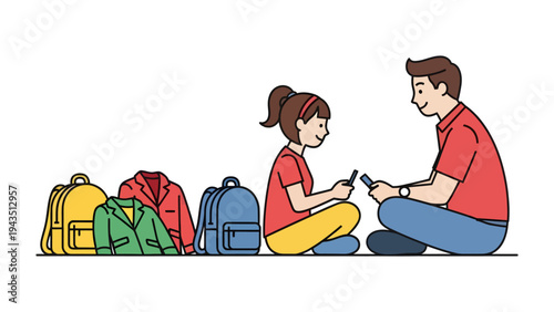 Backpack and Outfits: A visual metaphor of preparation and planning, the image shows a father-daughter duo engrossed in their mobile phones. Arranged on the foreground is a selection of school items.
