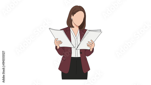 Reviewing Documents: An illustration of a professional woman engrossed in examining documents, meticulously assessing the information.