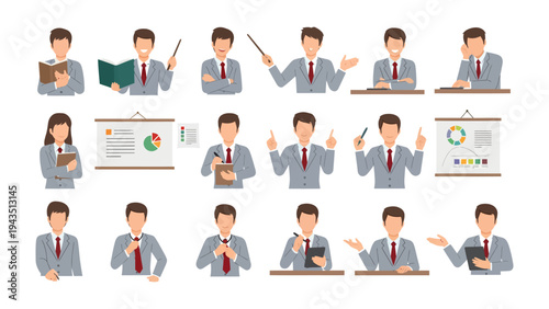 Dynamic Presentations and Professional Poses: A diverse collection of illustrated business figures, in various poses, gestures, and settings.