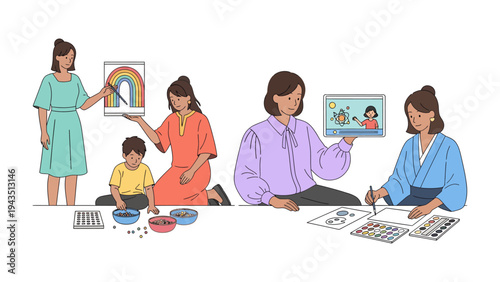 Creative Moments: Depicting a series of artistic activities, a diverse group of women and a child explore their creativity through painting, drawing, and digital art.