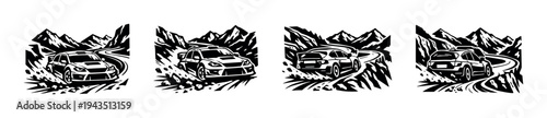 Rally car race black and white vector illustration with mountain silhouette background