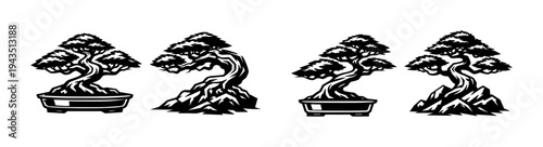 Bonsai tree illustrations in black and white silhouette style set