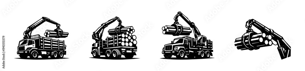Obraz premium Black and white vector illustration of logging trucks and cranes silhouette