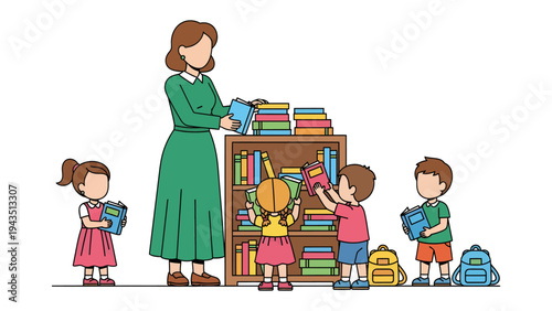 Children's Library: A scene of education and joy unfolds in a children's library, with a teacher organizing books with enthusiasm, while children gather around, engrossed in exploring the pages.