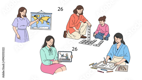 Learning and Discovery: A composite image showcases a variety of activities, including exploring a world map, playing with building blocks, engaging in digital learning, and sketching.