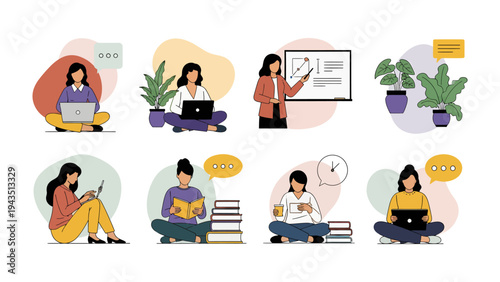 Diverse Digital Lifestyle: A collection of illustrations showcasing various facets of a woman's digital lifestyle, highlighting her daily routines.