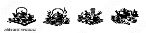 Black and white tea set silhouettes featuring teapots and cups in vector illustration