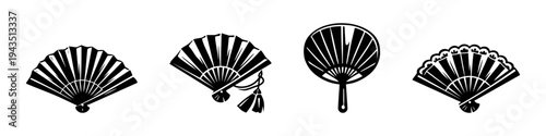 Traditional hand fans silhouette set black and white vector illustration
