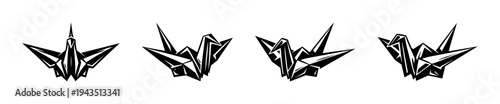 Geometric origami crane silhouettes black and white vector illustration set