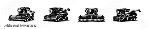 Vector silhouette illustrations of agricultural combine harvesters in black and white style