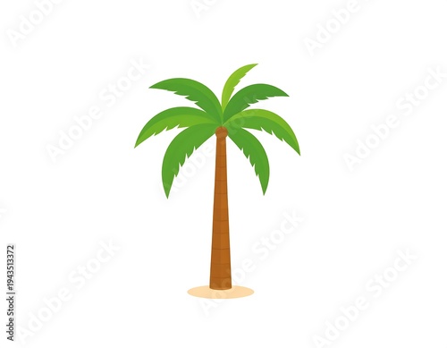 A simple illustration of a stylized palm tree with green fronds and a brown trunk, planted in a sandy patch