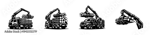 Black and white vector illustration of logging trucks and cranes silhouette