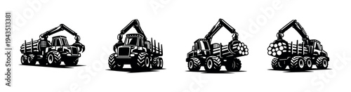 Silhouette illustration of logging trucks with cranes and logs black and white vector