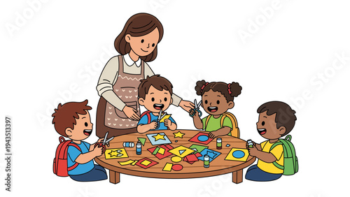 Creative Classroom Moments: A caring educator guides a circle of young students through a colorful arts and crafts session, fostering creativity and learning.