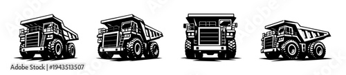 Vector silhouette of construction dump trucks in black and white illustration