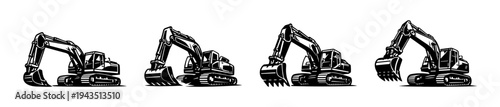 Construction excavator silhouette set, heavy machinery illustration in black and white