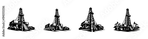 Oil rig silhouette set black and white industrial vector illustration