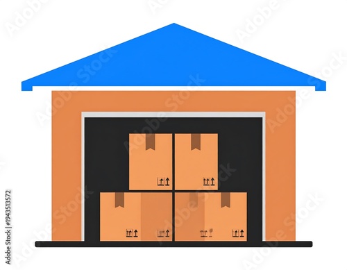 A simple illustration of a warehouse with a blue roof, orange walls, and four cardboard boxes inside the open doorway