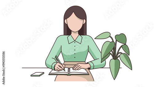 Focused Reflection: An illustration depicts a person thoughtfully engaged in writing at a desk, accompanied by a plant. The scene conveys a sense of concentration and introspection.