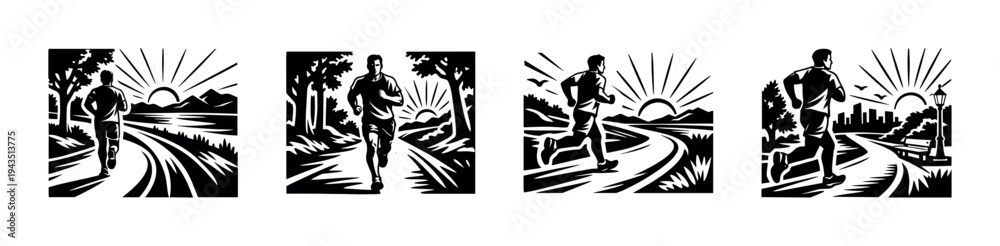 Fototapeta premium Black and white vector illustration of runner silhouettes in various landscapes
