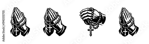 Illustration of praying hands with rosary beads silhouette set in black and white