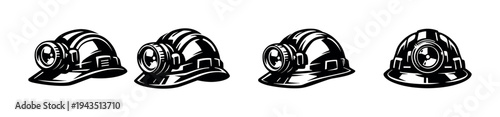 Black and white vector illustrations of miner helmets with lamp silhouettes