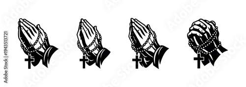 Praying hands with rosary silhouette set illustration in black and white