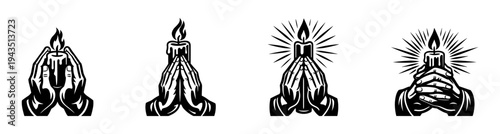 Praying hands holding candles vector set black and white silhouette illustration