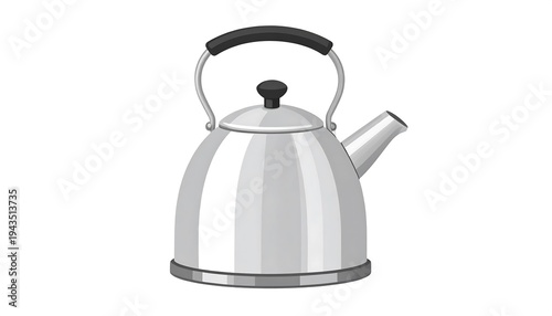 A simple, illustrative rendering of a metallic tea kettle, featuring a handle, spout, and a black knob atop its dome-shaped body