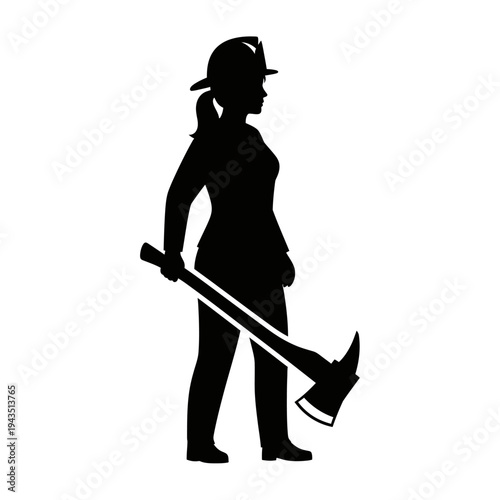 Female Firefighter Holding Fire Axe Silhouette.