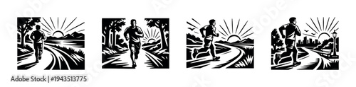 Black and white vector illustration of runner silhouettes in various landscapes