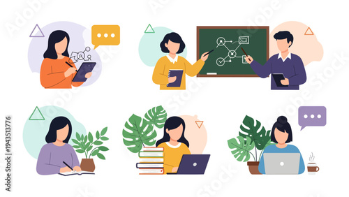 Diverse Study and Learning: A compilation of illustrations showcasing students and teachers in varied academic activities, all focused on education, learning, and sharing knowledge.