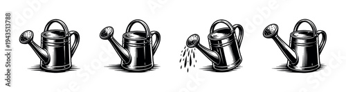 Vintage watering can illustrations set in black and white vector silhouette style
