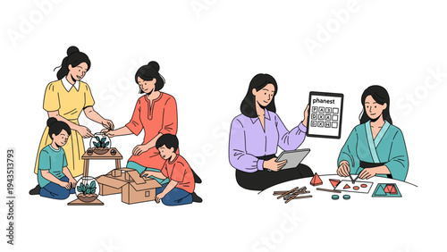 Moments of Everyday Life: Illustration captures everyday family activities. A mother and child share simple joy from each other. Simple scene reflect the warmth of family life.