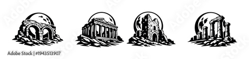 Ancient greek ruins silhouette vector set with historical landmarks and arches
