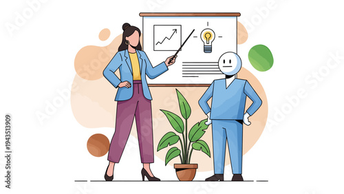 Team Presentation: A dynamic woman passionately presents her ideas, using a pointer to highlight data on a presentation board, while another figure observes, fostering a collaborative atmosphere. 