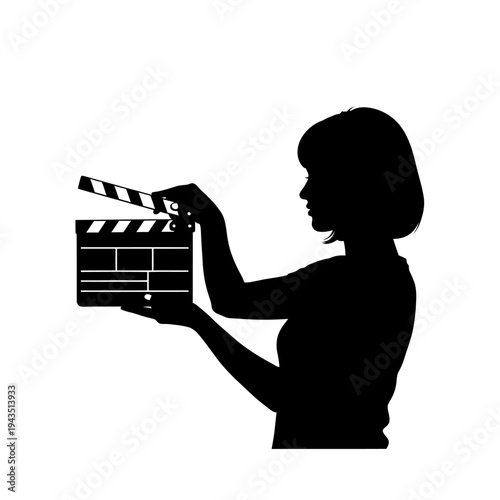 Woman holding movie clapper board.