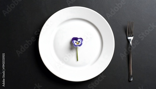A simple, minimalist arrangement on a dark surface featuring a white plate with a tiny purple and yellow flower and a metal fork