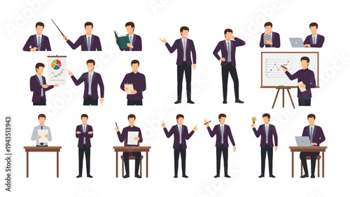 Businessman in Various Poses: A professional businessman, captured in a series of dynamic illustrations, showcasing a range of activities. From presentations to desk work.