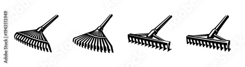 Set of rake illustrations in black and white style for gardening tools clipart