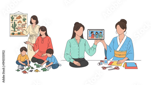 Educational and Creative Activities: A series of vibrant illustrations showcases a nurturing learning environment filled with engaging activities for young children.