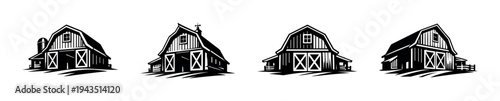 Black and white barn silhouette vector illustrations with agricultural theme