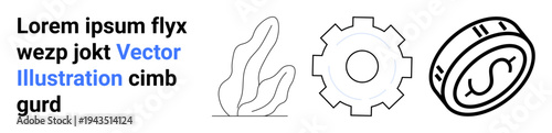 Business, technology, finance, design elements, abstract concepts, digital content. Includes minimalistic icons of a plant, gear and coin with placeholder text. Business and technology concept