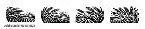 Black and white vector silhouettes of wheat fields and botanical elements