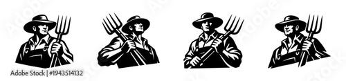 Black and white farmer silhouette vector with pitchfork set