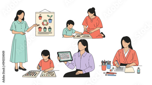 Eco-Education: A collection of educational scenes showcasing women guiding children in eco-friendly practices, including planting, drawing, and utilizing technology
