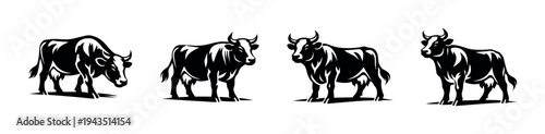 Set of black and white bull silhouettes vector illustration livestock theme
