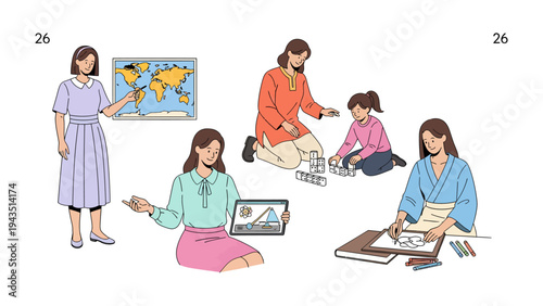 Daily Activities: Illustrations portraying women engaged in diverse activities, from teaching and creative pursuits to playing with children, capturing the essence of everyday life.