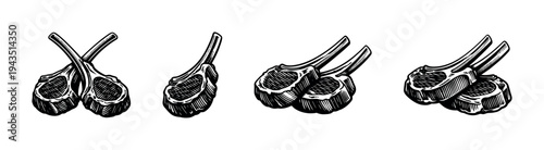 Black and white vector illustration of lamb chops in engraving style
